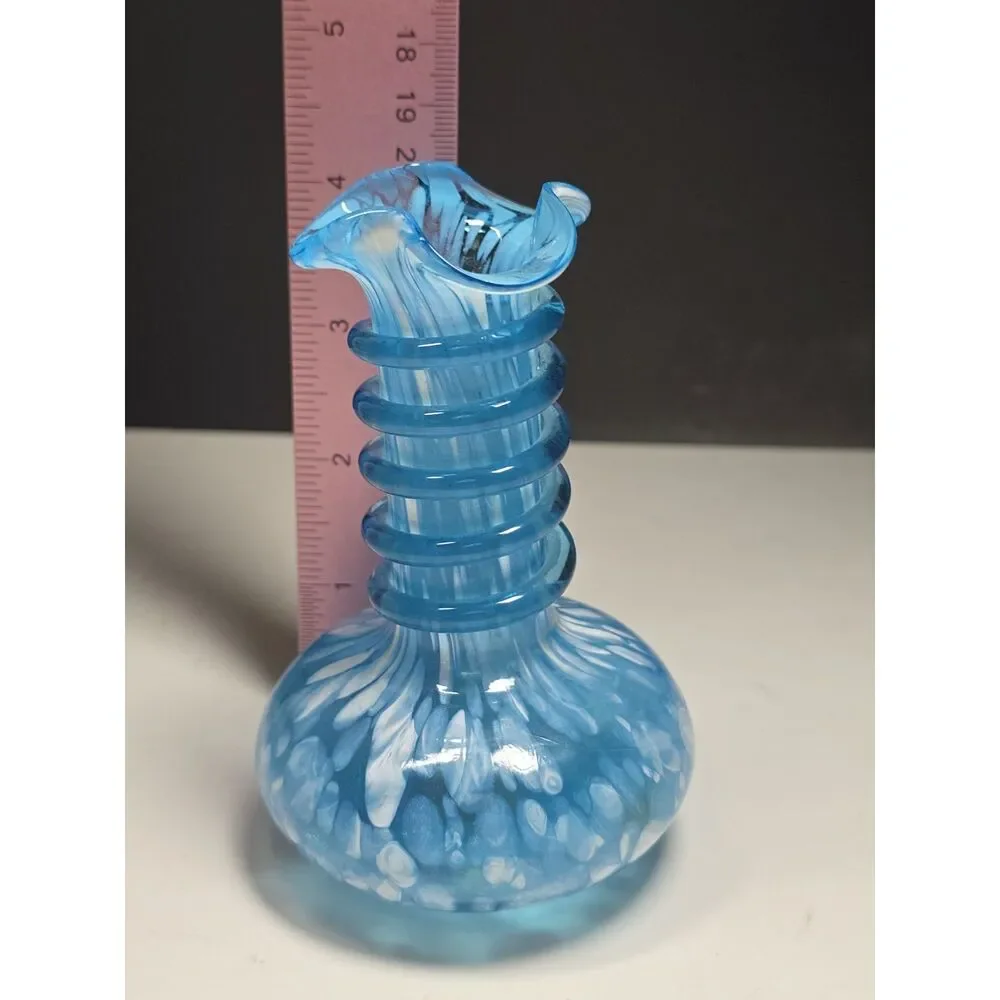 Vtg. Blue White Spatter Art Glass Bud Vase Applied Glass Wrap Hand Blown Ruffle